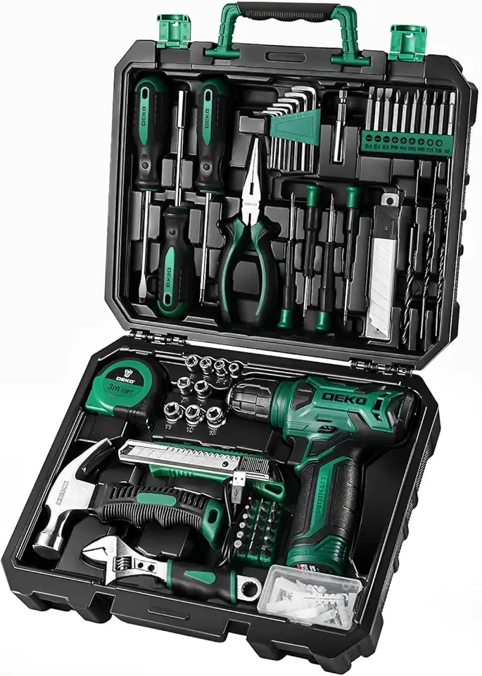 Tool Kit: 8V Cordless Drill, Home Toolbox with storage case, Hand Tool set for Home Repairs 126 Piece, Green