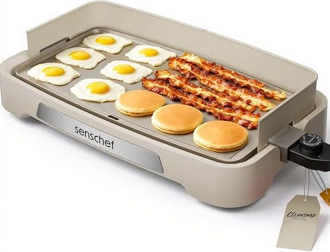 SENSCHEF Cleansnap Everyday Electric Griddle, Great Gift for Family Feasts - 20” Nonstick Grill with Foldable Anti-Mess Shield, Rapid 1700W Hea & PPG Ceramic Coating, Dishwasher Safe, Vanilla Cream