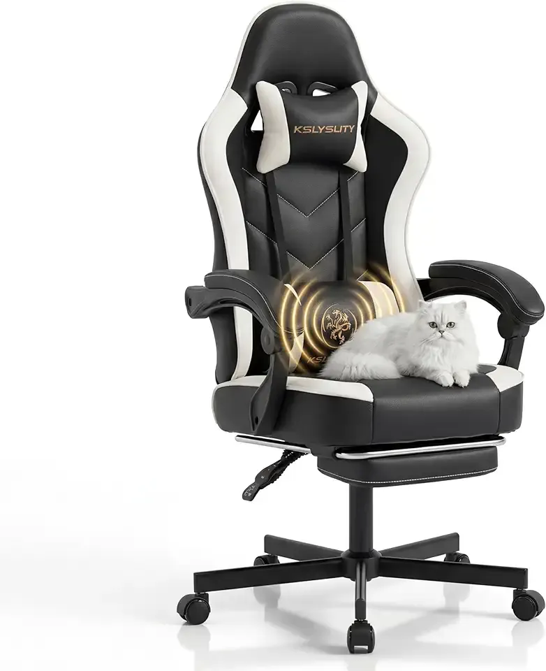 Desk Computer Gaming Chair - High Back Ergonomic Office Chair with Footrest and Lumbar Support, Swivel Comfy Home Gamer Video Game Chairs with Pocket Spring Cushion for Adults (White Leather)