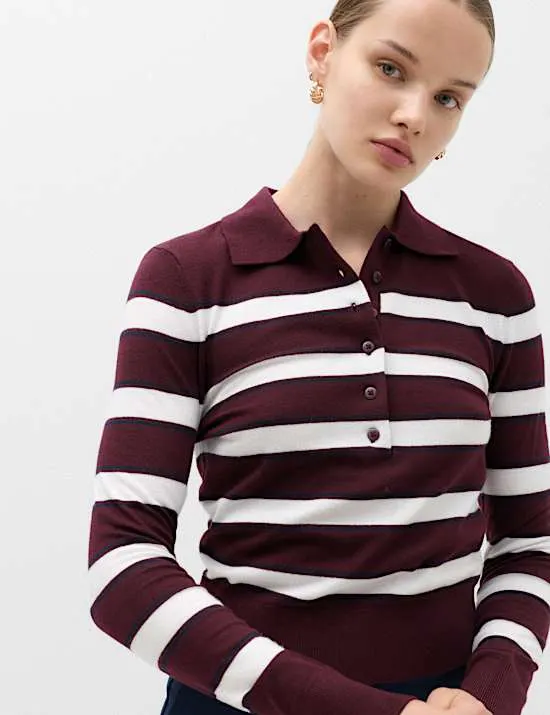 Schmal geschnittener Pullover mit Kragen und Streifenmuster und Wollanteil