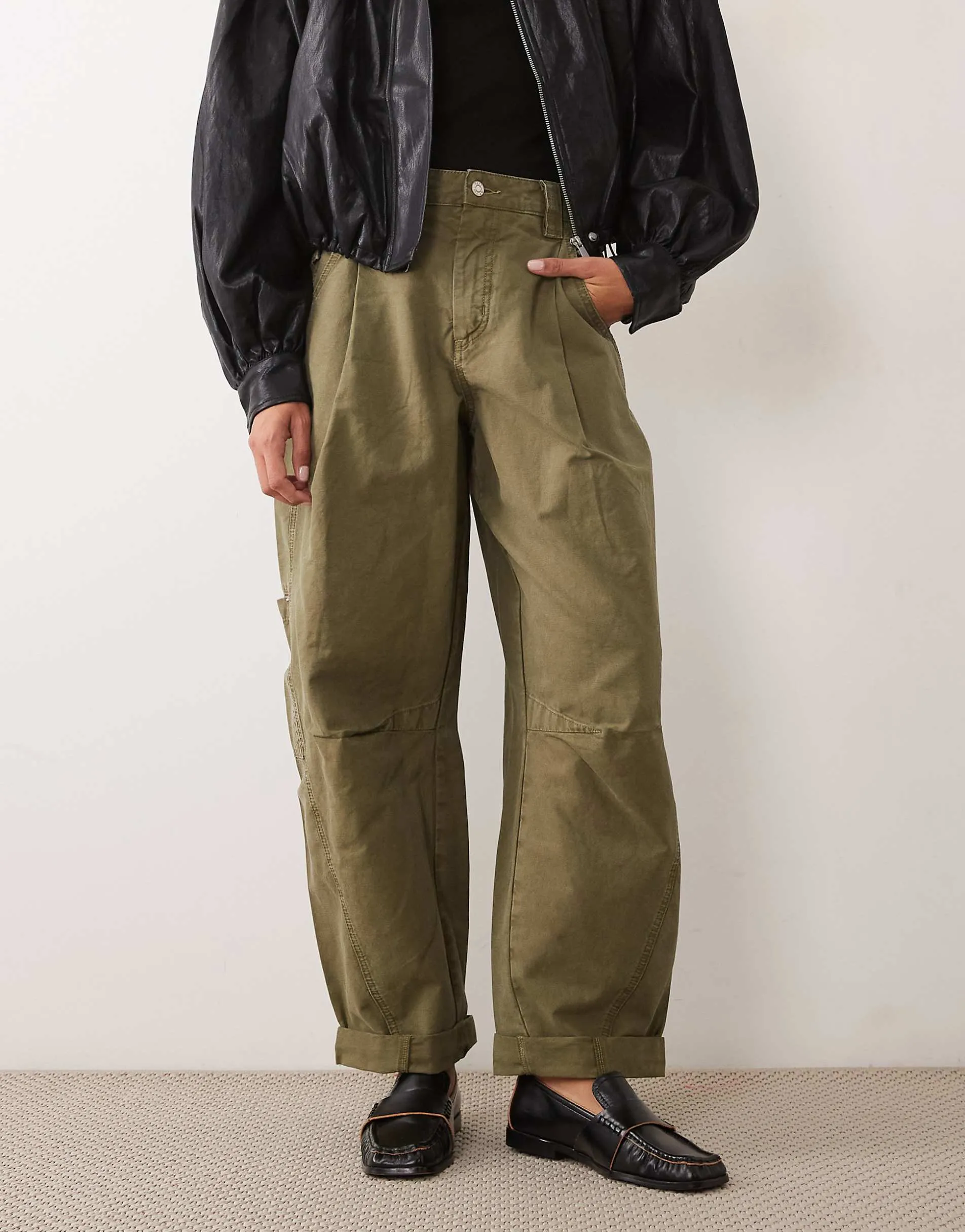 ASOS DESIGN side cinch barrel trouser in dark khaki