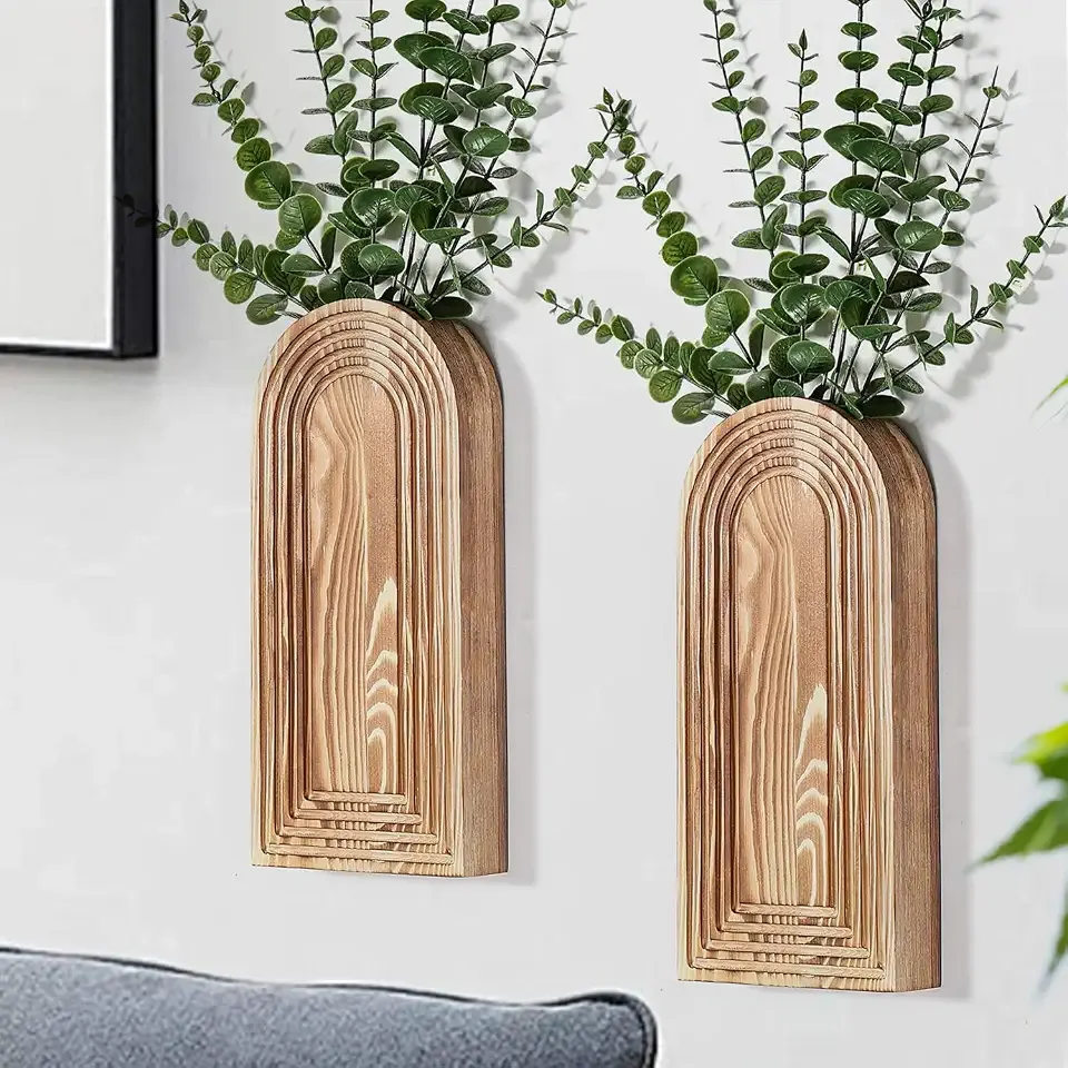 Dnnnii 2 Pack Wooden Wall Vase Set - Brown Finish Modern Farmhouse & Boho Wall Decor for Entryway, Hallway, Bathroom, Living Room, Dining Room, Narrow Spaces
