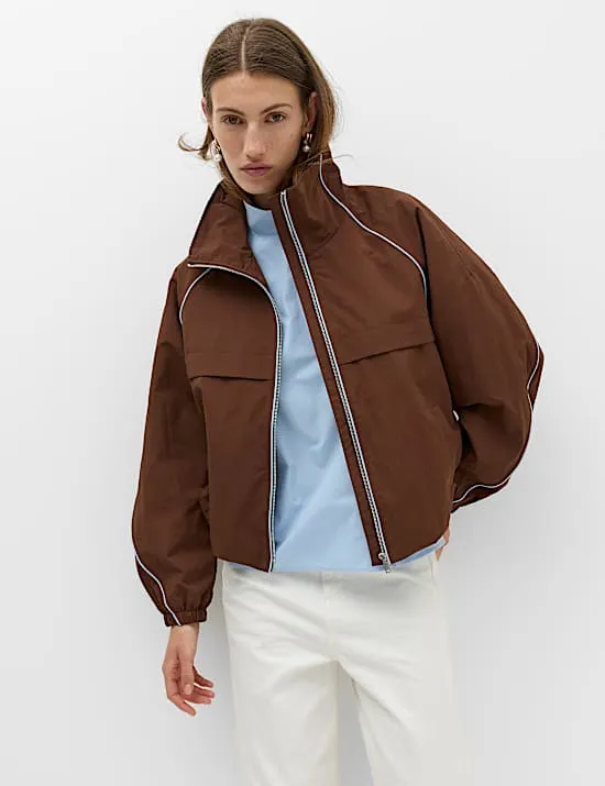 Contrast Piped Funnel Neck Windbreaker Jacket