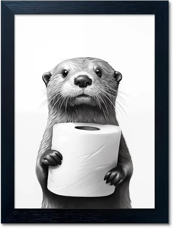 Bathroom Picture Wall Decor, Framed Black and White Bathroom Wall Art, Toilet Paper in Little Funny Raccoon's Hand Animal Canvas Print Painting