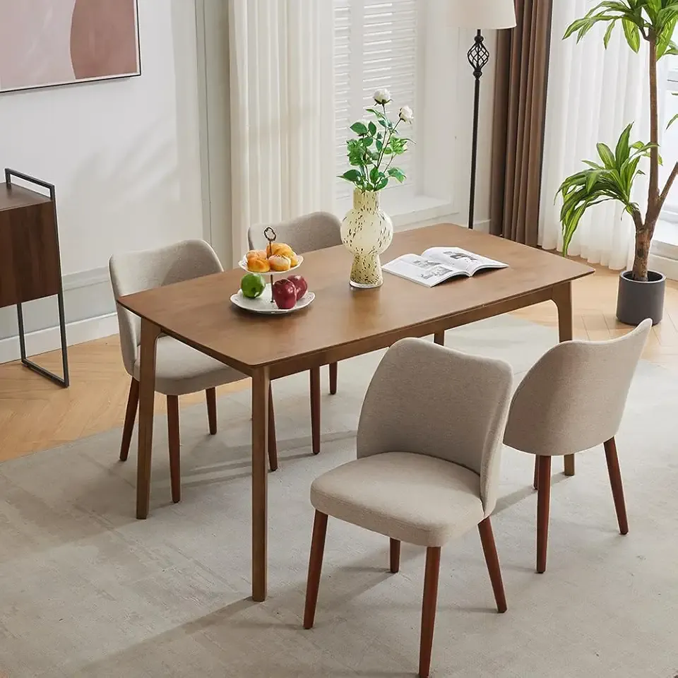 Dining Chair Set of 4, Linen Upholstered Dining Chair with Wood Legs, Wing Backrest, Wooden Kitchen Chair, Kitchen Chairs with Thick Cushions for Dining Room, Living Room, Khaki