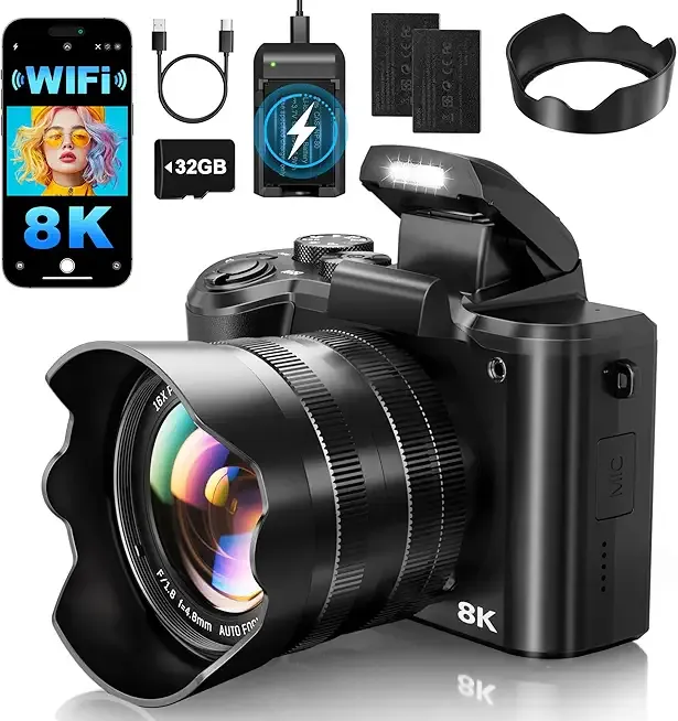 8K Digital Cameras for Photography Autofocus 88MP WiFi Professional 16X Digital Zoom Photography Camera with Dual-Lens for YouTube with Lens Hood, Touch Screen, 2 Batteries & Charging Stand