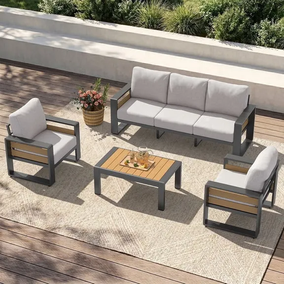 Clouddwell 5-Seats Aluminum Patio Furniture Set, Outdoor Metal Sofa Conversation Set with Coffee Table for Pool Garden Porch Backyard, Light Gray