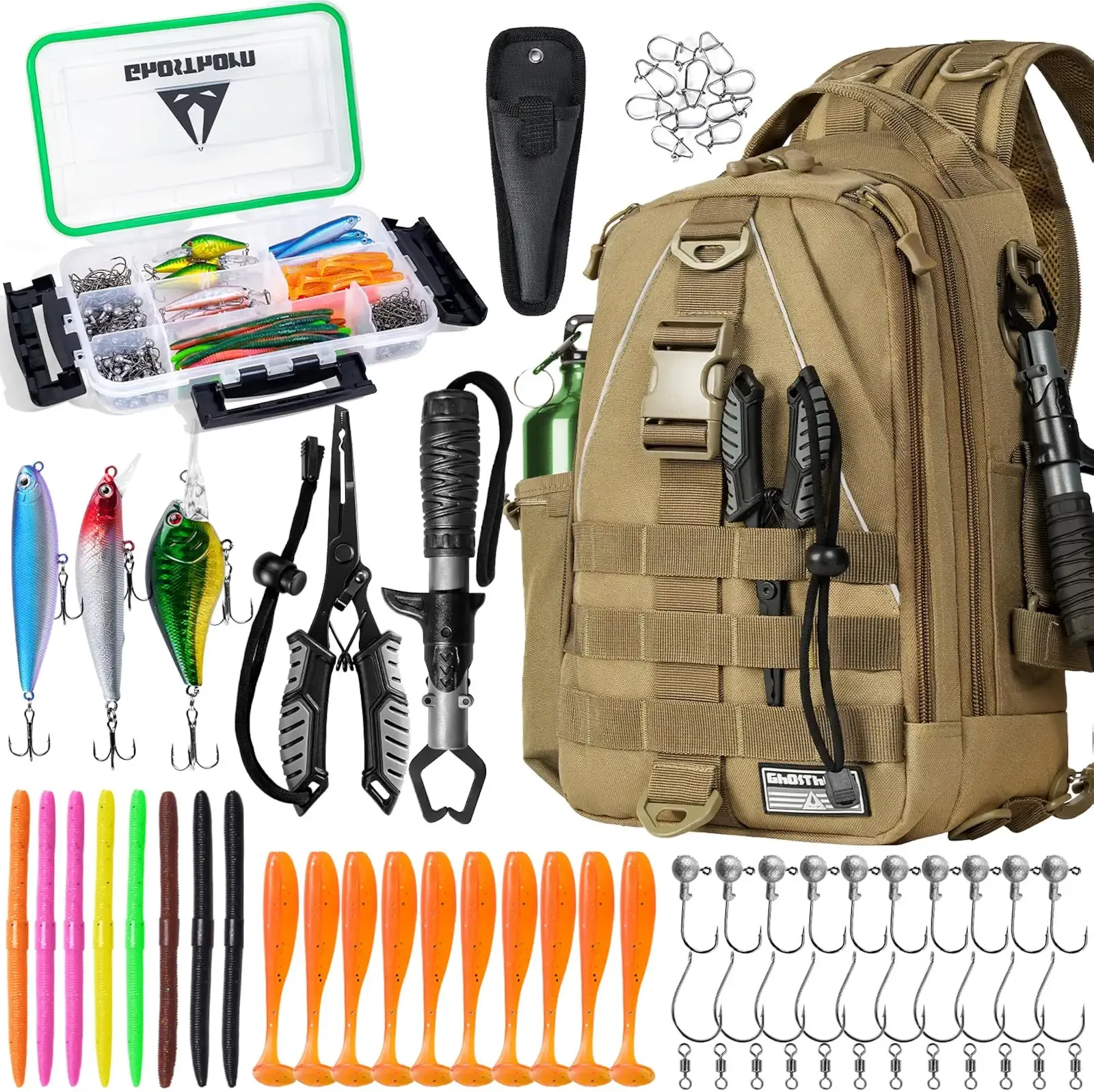 Fishing Backpack with 3600 Tackle Box Fishing Gear Set Tackle Bag | Waterproof, With Rod Holder, Lip Gripper, Pliers, Lures, Accessories, Molle web, Fishing Kit Gifts for Men Sling Lightweight