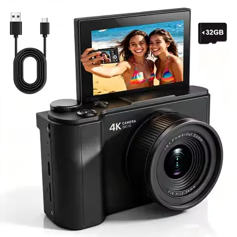 2026 NEW 4K 3-Inch Digital Camera, FHD 1080P, Digital Point And Shoot, Retro 64MP For Vlogging With Anti Shake 16X Zoom, Compact, 32GB SD Card Included,MP3 Player, With Flashlight -Best Gift For Beginners Of Cameras