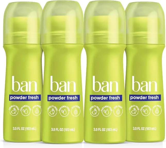 Ban Invisible Roll-On Antiperspirant Deodorant, Powder Fresh, 3.5 oz, 4pk | 24-Hour Sweat & Odor Protection, Men & Women, Bulk 4-Pack Value,…
