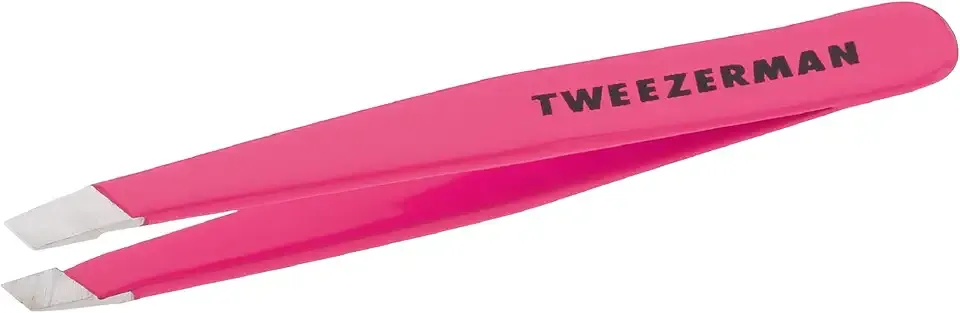 Tweezerman Mini Slant Tweezer - Tweezers for Eyebrows, Travel Tweezers for Eyebrows, Facial Hair (Neon Pink)