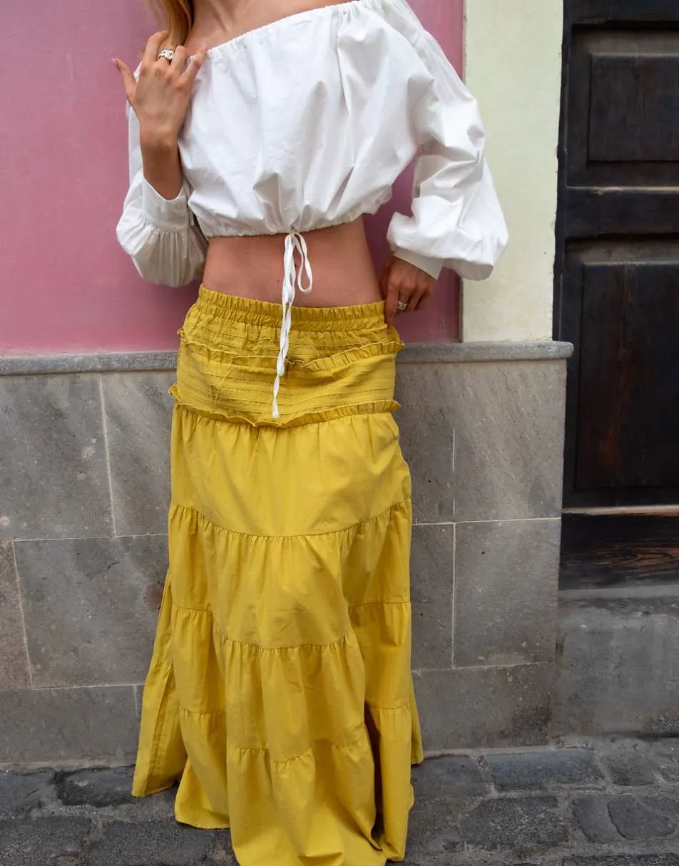 Daisy Street x Emma Jean shirred drop waist midaxi tiered skirt in chateuse