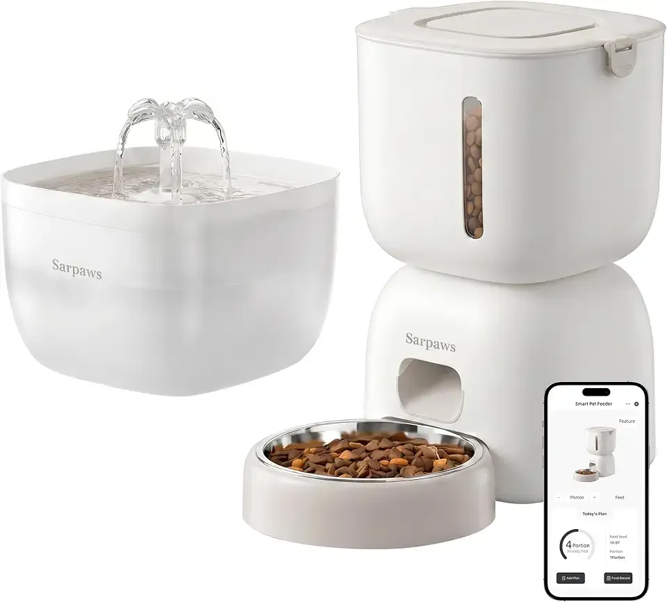 SARPAWS WiFi Automatic Cat Feeder and Water Fountain Set, App Control Smart Pet Food Dispenser with 304 Stainless Steel Bowl, 3L Feeder & 2L Quiet Waterer, 10s Voice Recorder, Dual Power, Secure Lock