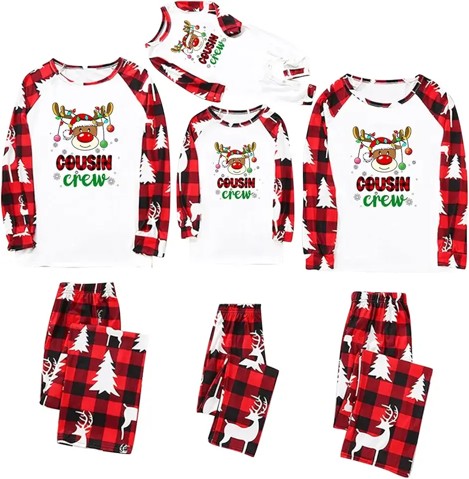 Christmas Pajamas for Family, Cousin Crew Buffalo Plaid Family Christmas Pjs Matching Sets Long Sleeve Xmas Sleepwear