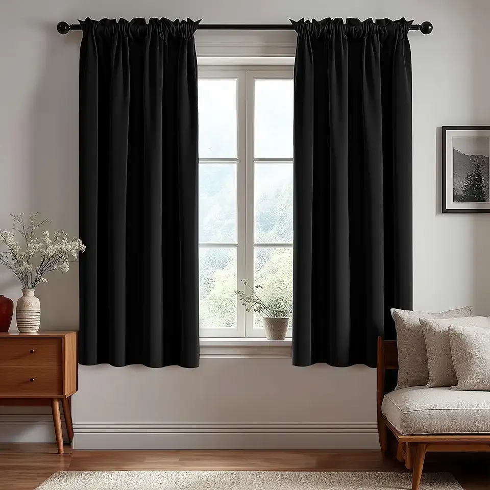 Blackout Curtains, Thermal Insulated Rod Pocket Window Drapes, Noise Reducing, Oeko-TEX Certified, Room Darkening Curtains for Bedroom/Living Room, 2 Panels, Black, 42W x 63L