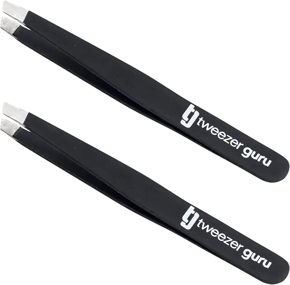 Tweezer Guru Tweezers for Women Facial Hair & Men – Precision Slant-Pointed Eyebrow Tweezer for Ingrown Hair, Blackhead & Splinter Removal (2 Black)