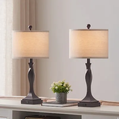 25.6-in Bronze LED On/Off switch Table Lamp with Linen Shade 2 -Set