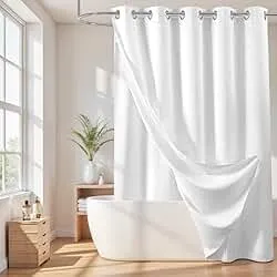 River Dream Cotton Blend No Hook Shower Curtain with Snap in Liner, Hotel Grade Shower Curtains for Bathroom, Water Repellent, White, 71W x74 L