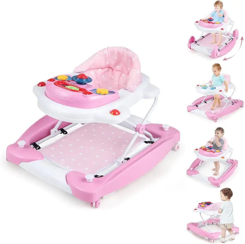 BABY JOY 6-in-1 Baby Walker, Foldable Baby Walker with Wheels, Adjustable Height, Music, Lights, Bouncer & Rocker Mode, Baby Walkers for Boys Girls 6-14 Months (Pink)