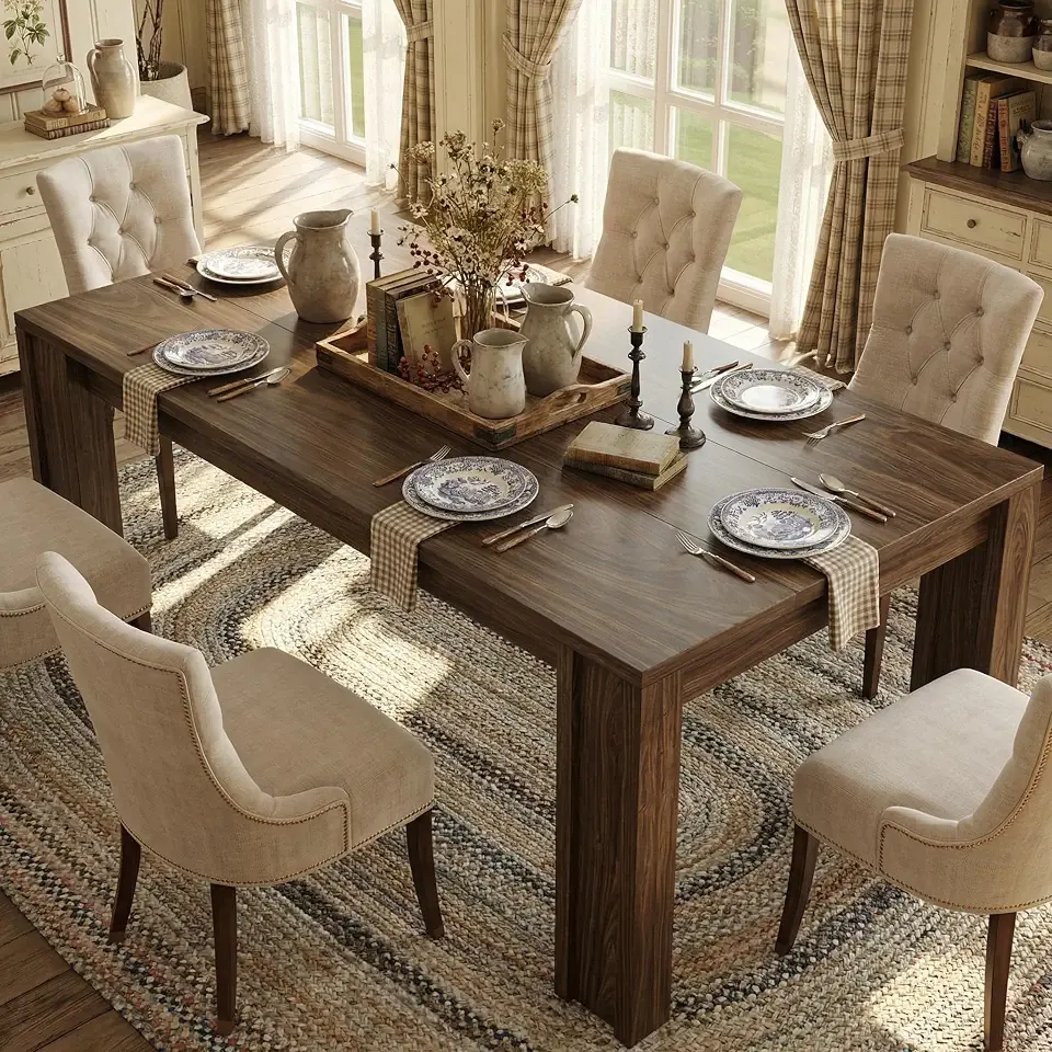 Garvee 71" Farmhouse Dining Table for 4-6, Kitchen Table w/Thick Tabletop, Wood Strip Base, Wider Legs, Large Rectangular Dining Room Table for Kitchen, Apartment & Family Gatherings, Walnut