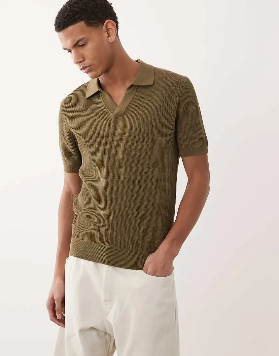 Mango 100% cotton knitted revere neck short sleeve sweater in khaki