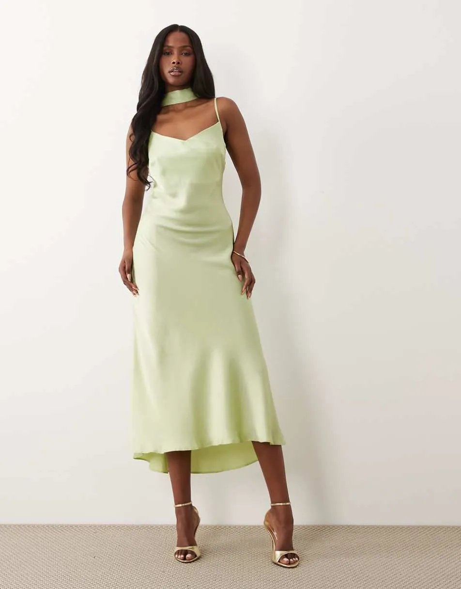 New Look scarf satin cami midi dress in light green