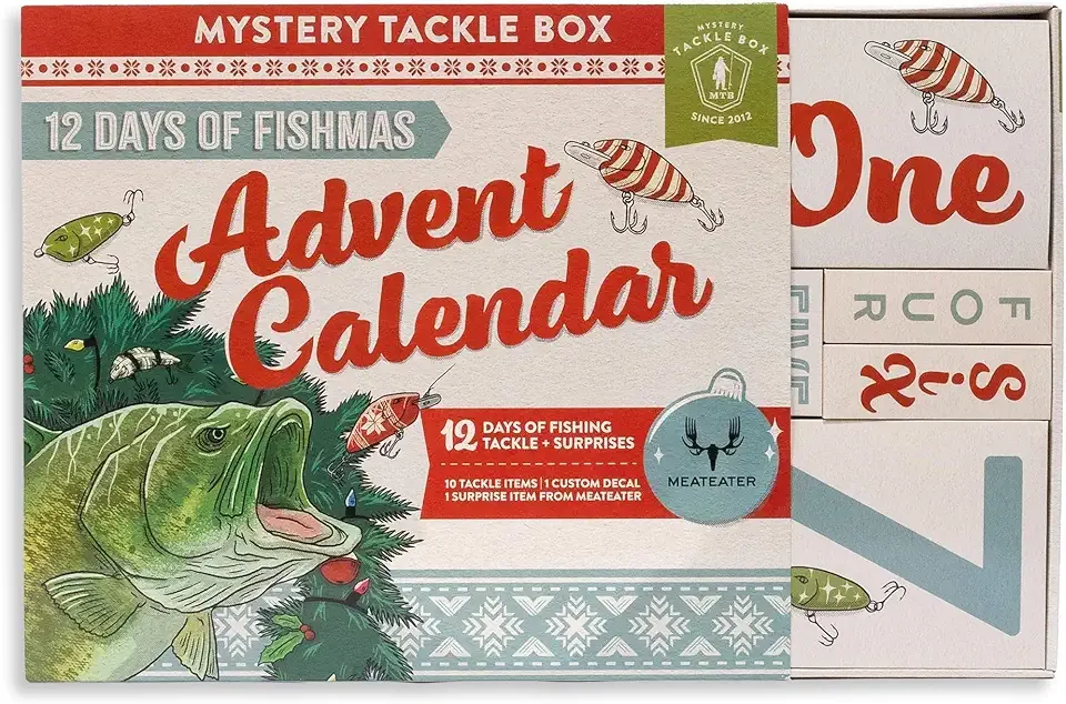 Mystery Tackle Box 12 Days of Fishmas Advent Calendar – Bass Fishing Lure Gift Set with 35 baits & lures including 10 Premium Baits, Holiday Decal & Meateater Trivia Pack
