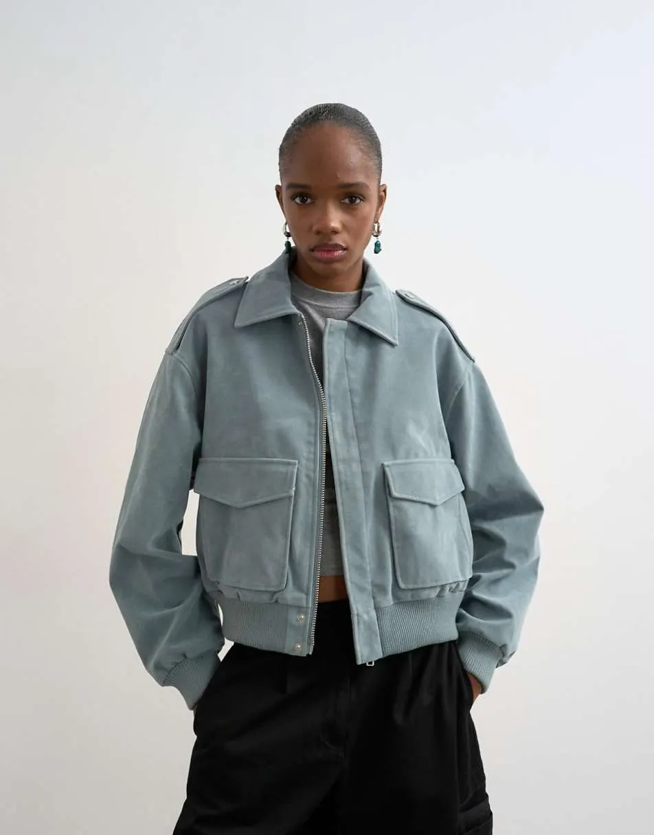 Topshop faux suede zip through jacket with patch pockets in blue