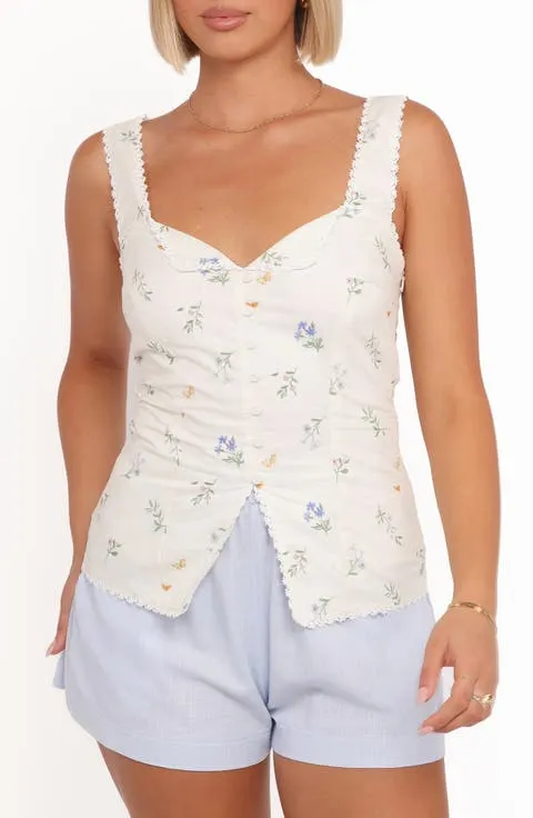 Ana Floral Embroidered Lace Trim Split Front Top