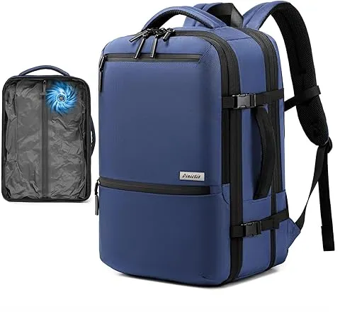 Dinictis Vacuum Seal Travel Backpack 60L Built-in Pump, Expandable Backpack with Vacuum Compression Fits 17 inch Laptop, Water Resistant Carry On Suitcase Luggage for Short Trip and Business-Blue
