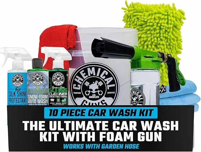 Chemical Guys, 10-Piece Car Wash Kit with Foam Gun | Complete car cleaning kit with snow foam soap, glass cleaner, protectant, bucket, mitt and towels, works with garden hose