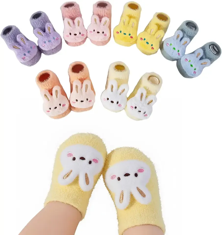 4/6 Pairs Baby Fuzzy Socks Cute Rabbit Dinosaur Baby Girl Socks Non Slip Grip Winter Warm Sock Newborn Infant Toddler