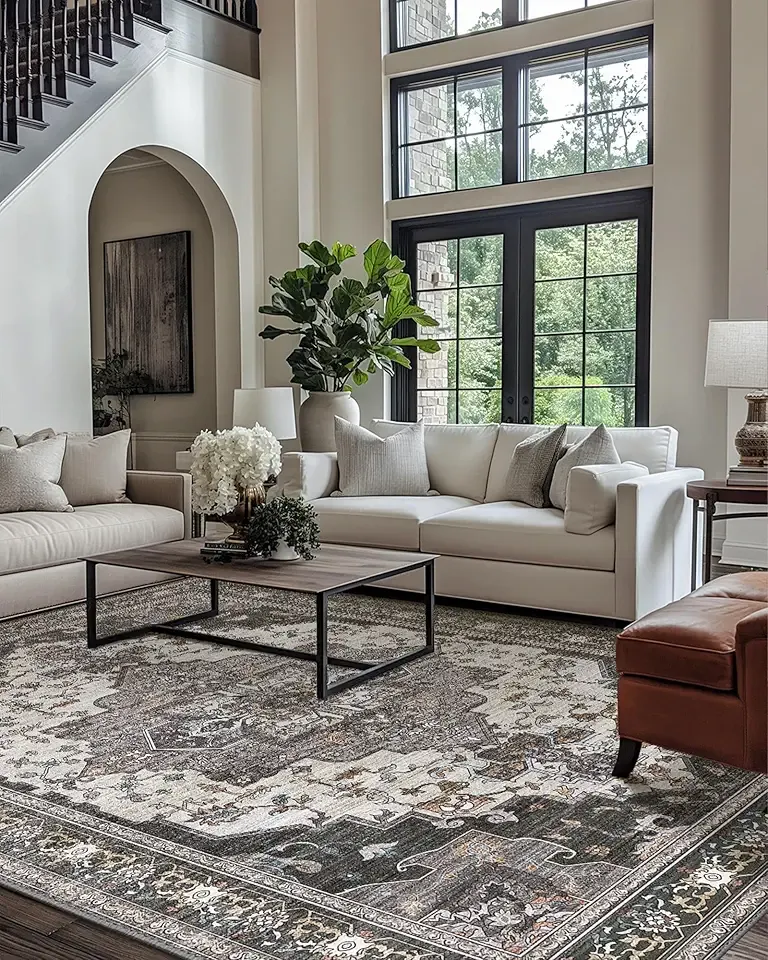 Area Rugs for Living Room 8x10 Machine Washable Rug, Boho Vintage Retro Large Floral Medallion Carpet for Bedroom Dining Room, Low Pile Lightweight Thin Non Slip Rug，Dark Grey