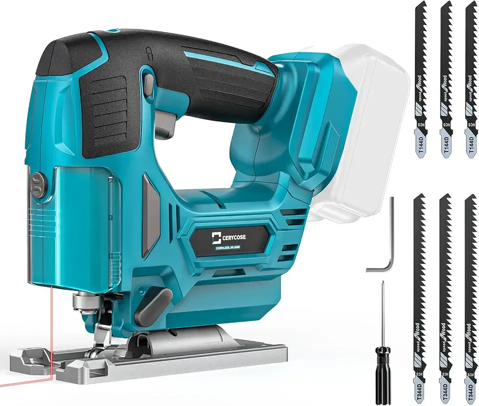 Jig Saw Compatible with Makita 18V Battery, Laser Guide Cordless Jigsaw Tool, 3000RPM Variable Speed, 45° Bevel Angle Cut, LED Light, 3 Orbital Sets, 6PCS Blades (No Battery)