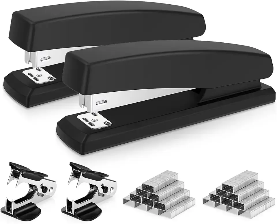Deli Stapler, Desktop Stapler, 2 Pack, Office Staplers, 25 Sheet Capacity, Includes 2000 Staples and 2 Staple Removers, 2 Pack, Black