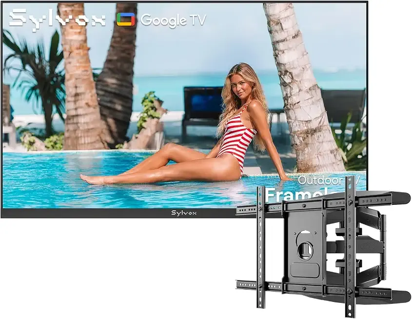 SYLVOX 75'' Frameless Series Outdoor TV with Full Motion Wall Mount, 1000-Nit 4K UHD Google TV, IP56 Weatherproof, Anti-Glare Smart TV with Dolby Audio for Patio, Deck & Outdoor Living