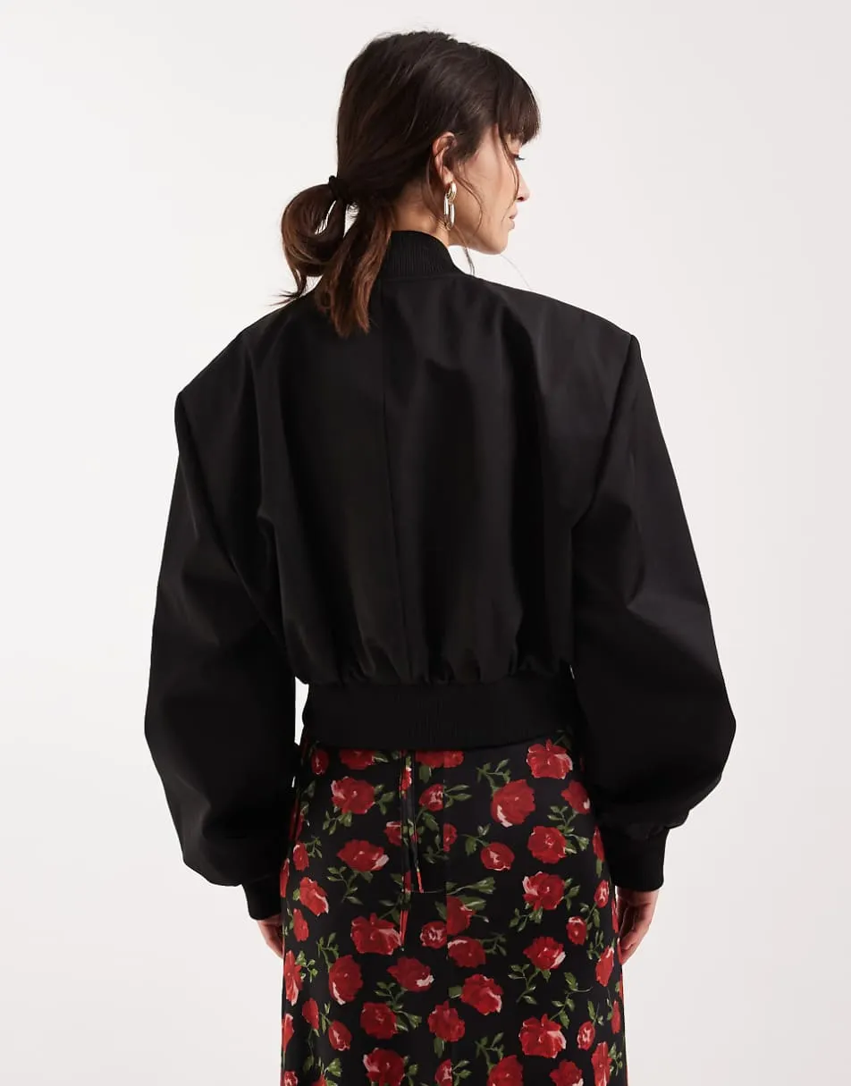 ASOS DESIGN cropped shoulder pad bomber jacket in black