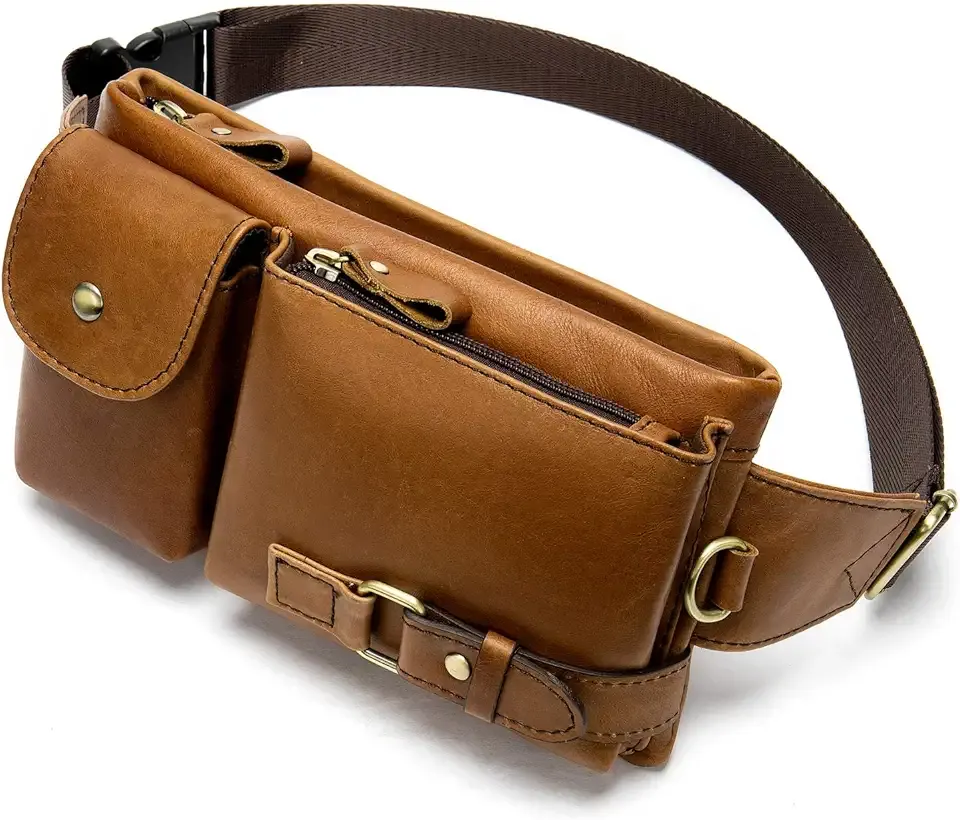 Cowhide Waist Fanny Pack-Genuine Leather and Slim with Adjustable Waistband Brown