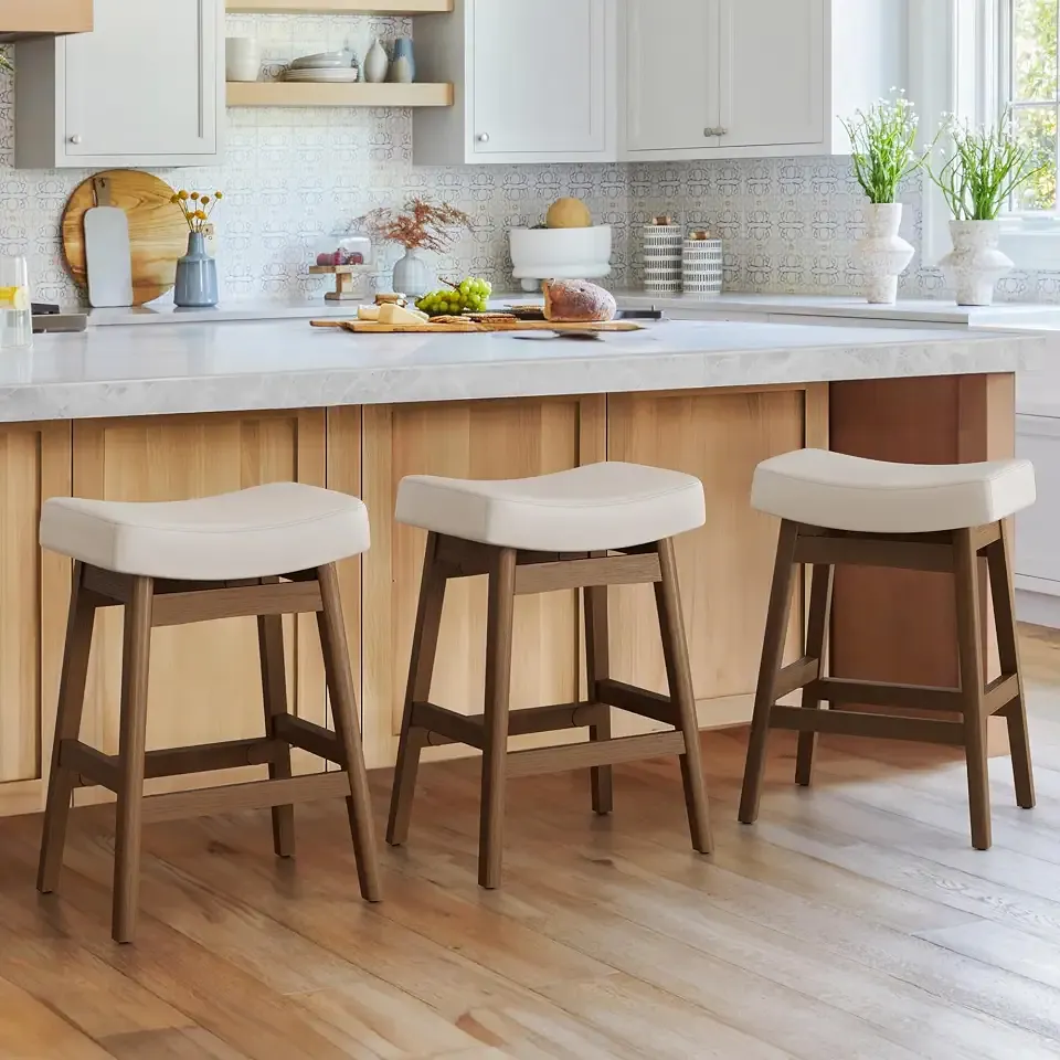Cozyman Bar Stools Set of 3, Barstools with Sturdy Wood Legs, Saddle Seat Counter Height Bar Stools for Kitchen Counter, Bar, Dining, 24 Inch Farmhouse Counter Stools, Antique White Leather