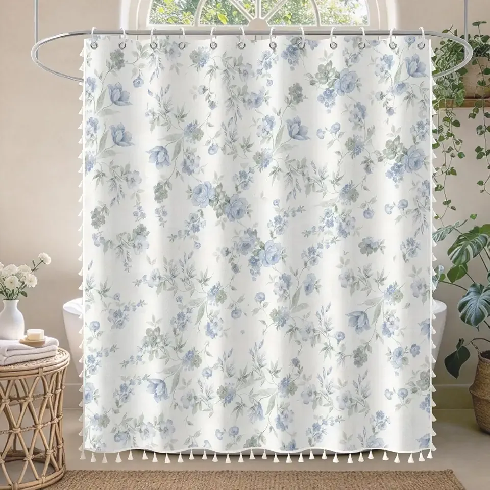 Floral Botanical Shower Curtain with White Tassels, 71x74 Inch