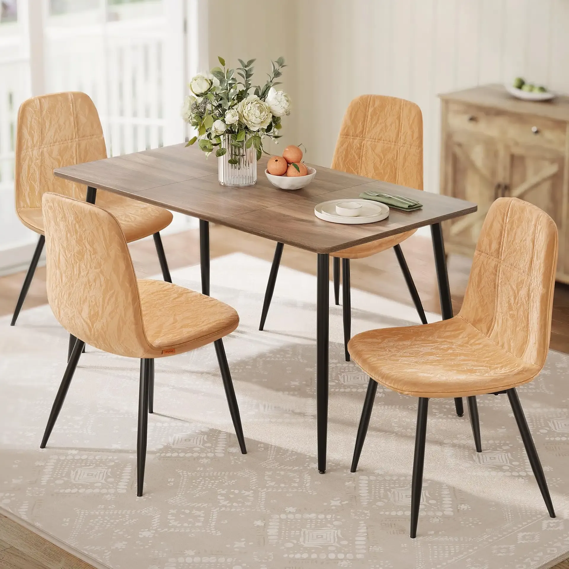 VASAGLE Dining Chairs, Set of 4 Dining Room Chairs, Metal Frame, Adjustable Feet, Easy to Clean, Glacier-Textured Synthetic Leather, for Kitchen, Caramel Brown UKDC188K01