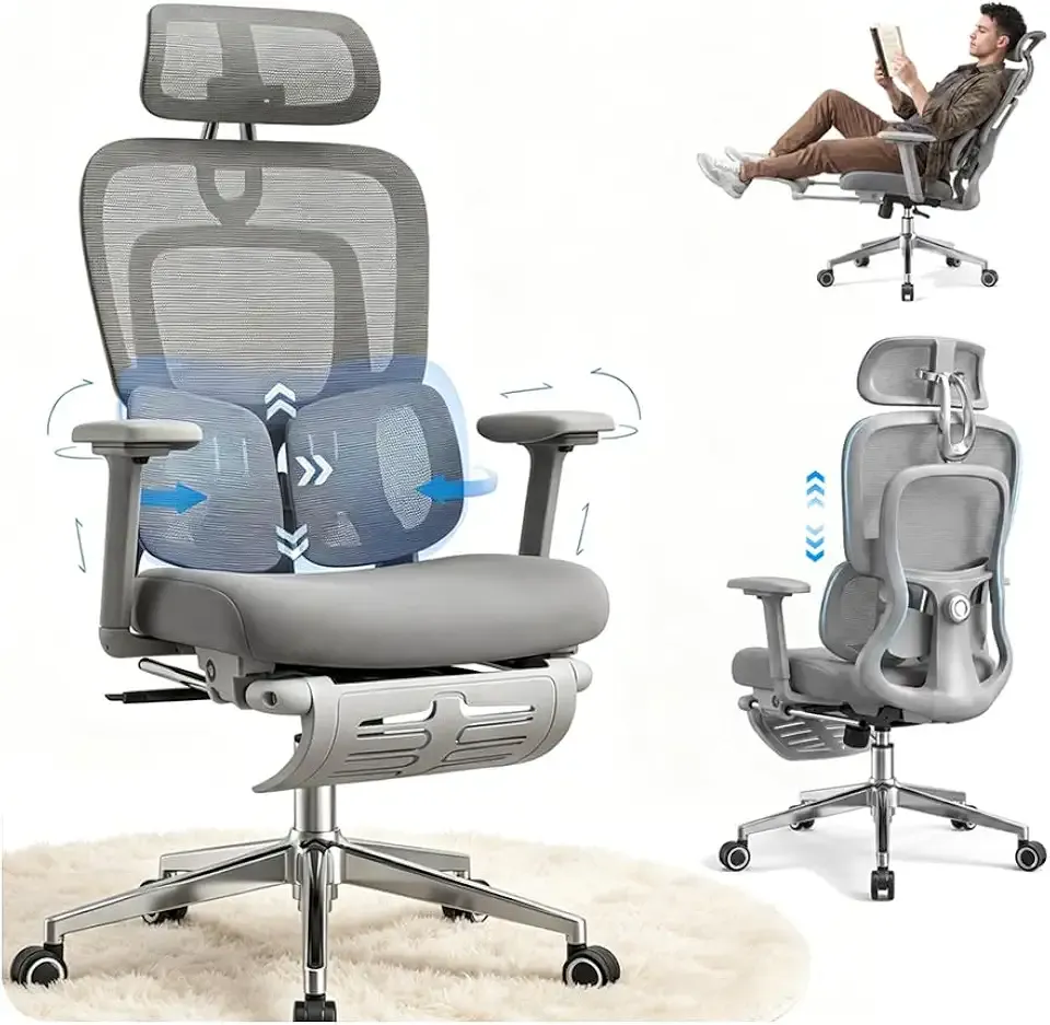 Premium Ergonomic Office Chair with Footrest, High Back Mesh Gaming Desk Chair with Dual-Zone Dynamic Lumbar Support - Adjustable Backrest & Seat Depth & Headrest, 4D Armrest for Home & Office (Grey)