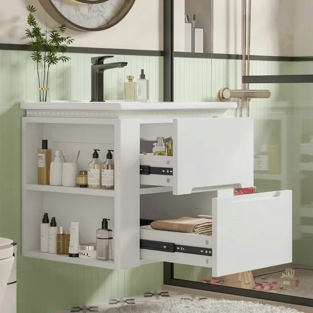 Mueble de baño suspendido 61x46x48,5cm, lacado blanco, iluminación LED con sensor de radar, lavabo integrado, moderno