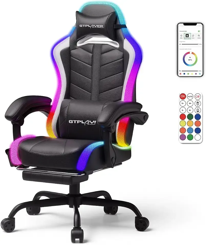 GTPLAYER Gaming Chair, Computer Chair with RGB LED Lights, High Back Ergonomic Chair for Adults with Footrest and Linkage Armrests& Headrest Lumbar Support (w/BT Speakers)