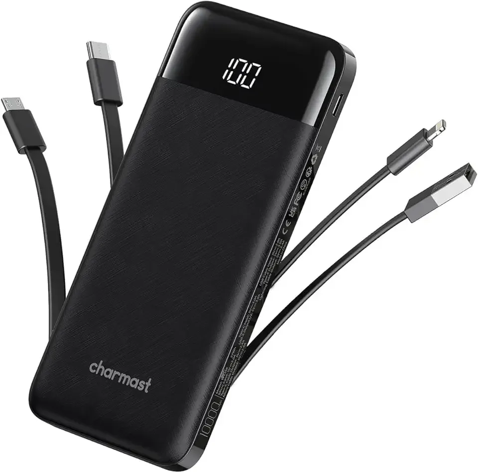 charmast Portable Charger with Built in Cables, Power Bank with Cords Wires, Slim 10000mAh Travel Battery Pack 6 Outputs 3 Inputs 3A Fast Charging for Samsung Google Pixel LG Moto iPhone iPad