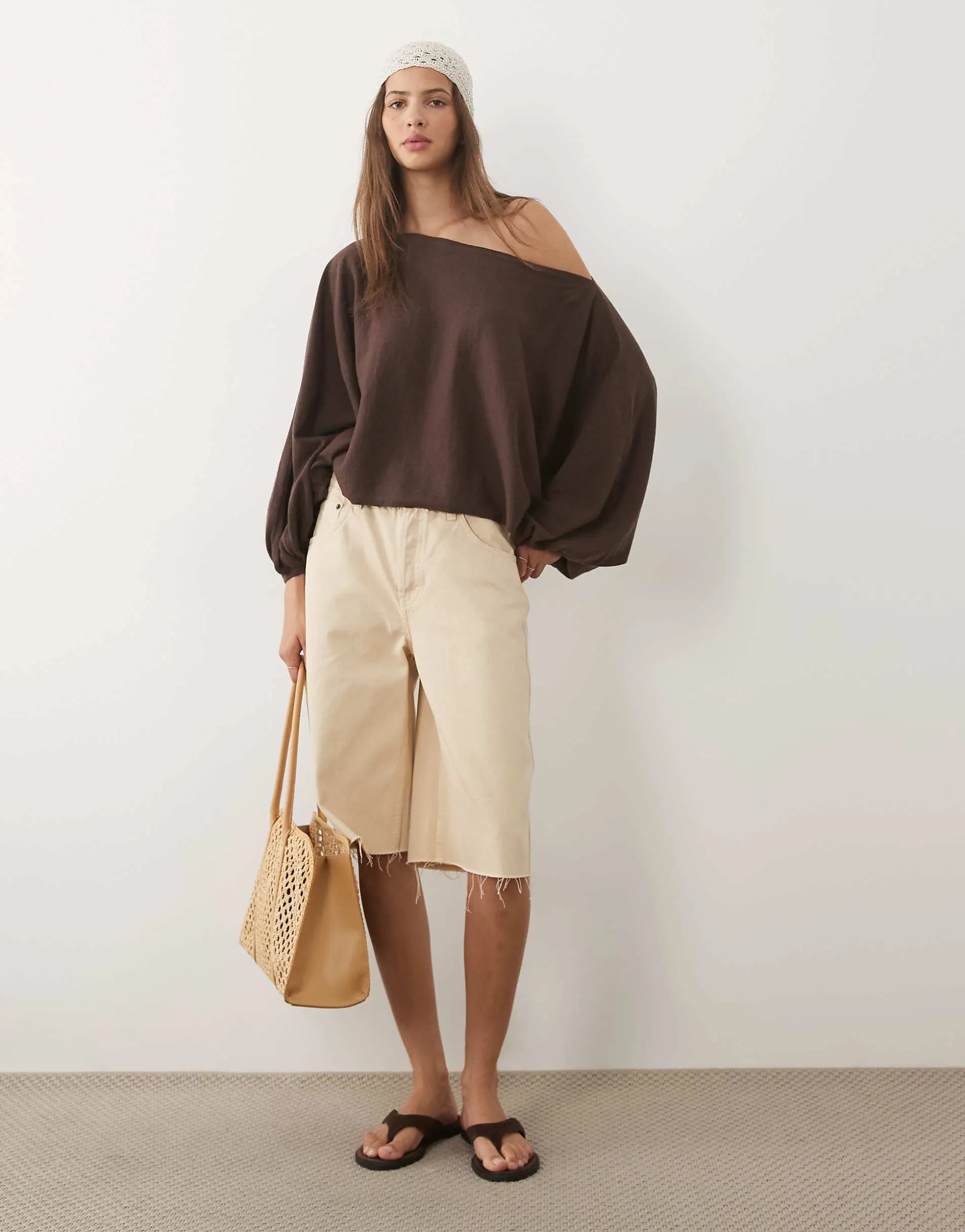 ASOS DESIGN sheer slash neck cuffed sleeve batwing jumper in chocolate
