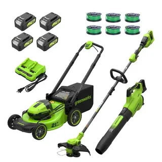 Greenworks 2x24V Mower, Trimmer, Blower Combo Kit with (4) 4ah Batteries