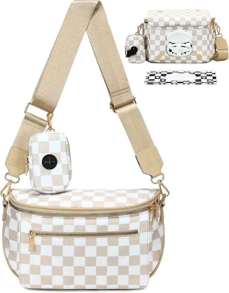 Eslcorri Small Diaper Bag Fanny Pack for Quick Outings, Crossbody Diaper Purse with Built-in Wipes Dispenser, Water-resistant Checkered Belt Bag for Moms Dads, 8L Expandable Capacity