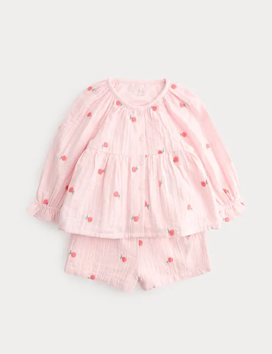 2-tlg. Set aus Baumwollbluse und Shorts mit Stickerei (0–5 J.)