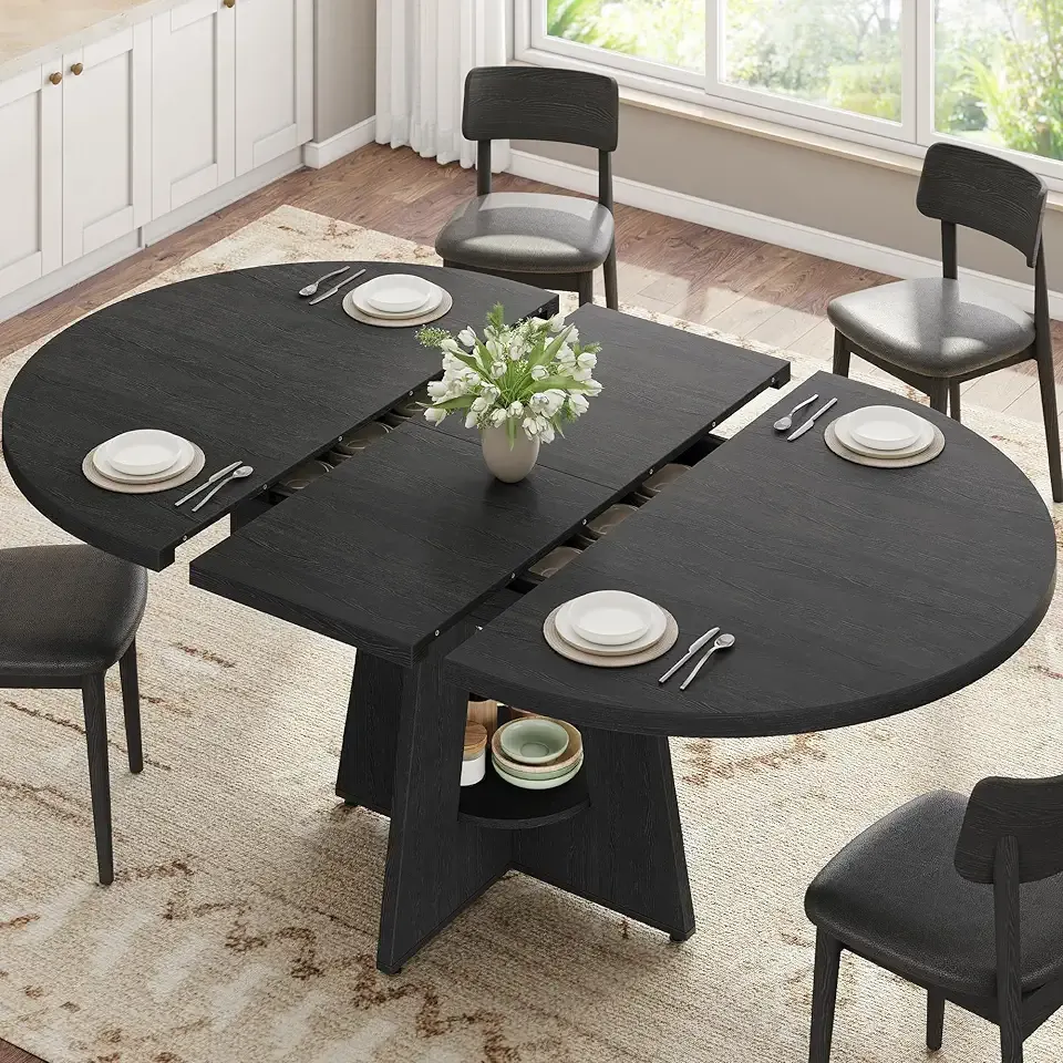 Extendable Dining Table, Round Kitchen Dining Room Dinner Table with for 4 6 8 People, Space Saving Modern Oval Expandale Furniture with Storage and Pedestal for Kitchen Living Room (Black)